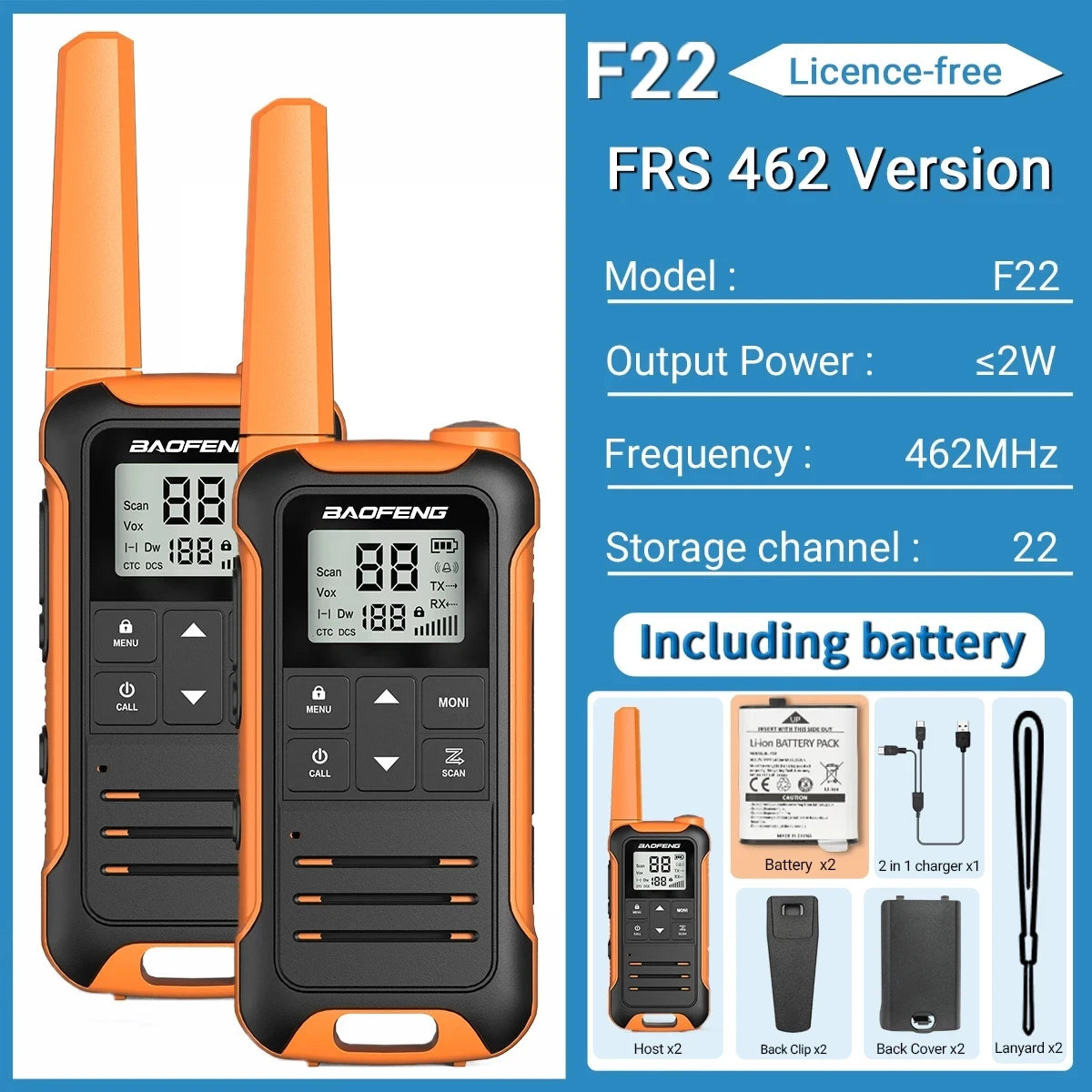 2pcs Baofeng F22 Mini Walkie Talkie PMR FRS Long Range Rechargable Portable Kids Two Way Radio Type-C Charger for Camping Trip