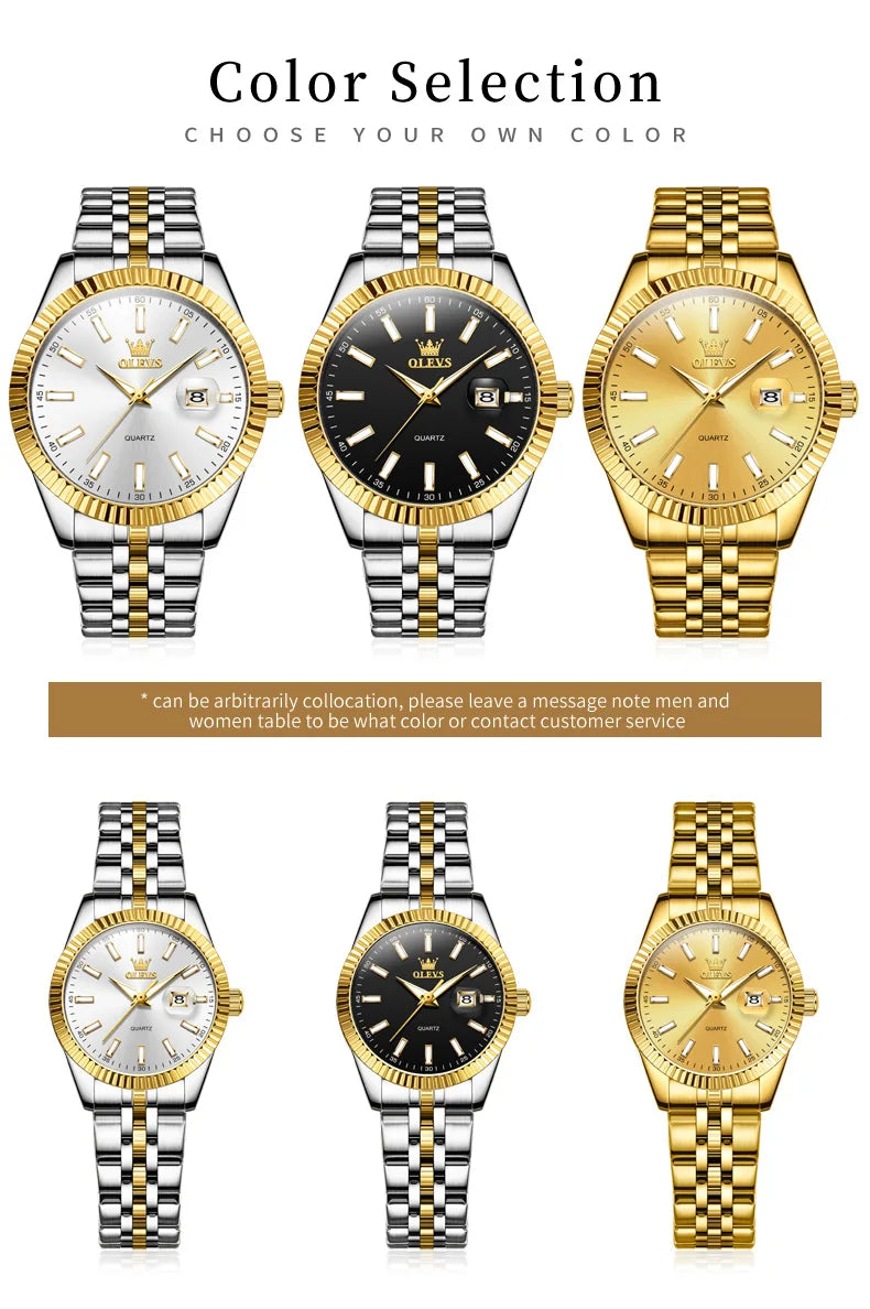 OLEVS 5593 Couple Watch Fashion Business Waterproof Stainless Steel Watch Luxury Brand Classic Date Week Clock Men Women Watch