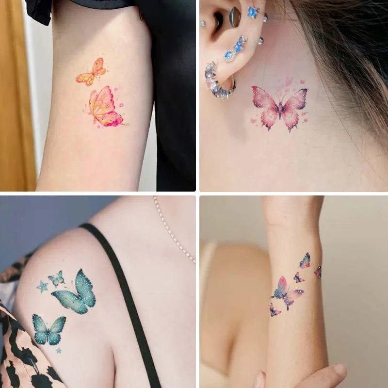 6pcs Glitter Gradient Dreamy Butterfly Waterproof Temporary Tattoo, Long-Lasting Waterproof, Realistic Fake Tattoo