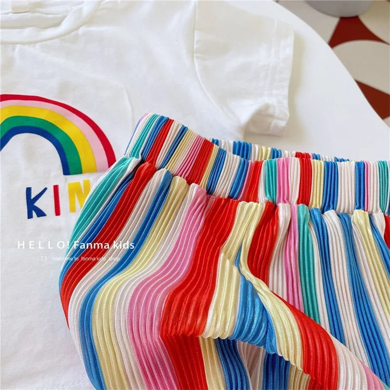 Baby Girls Tops Sets Kids Short-Sleeved Top Striped Trousers 2 Pieces Summer Rainbow Suit New Children's Fashion Casual Outfit