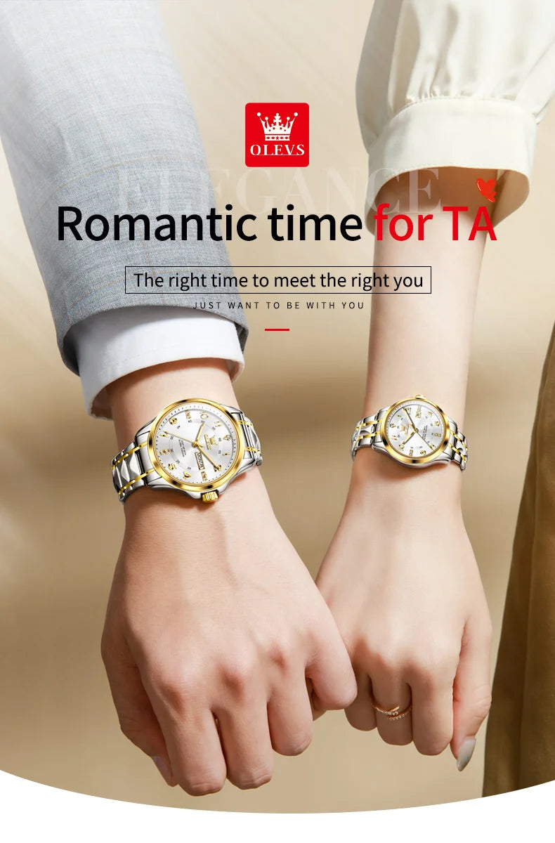 OLEVS 2910 Luxury Men Women Couple Watch Dual Calendar Display Waterproof Stainless Steel Clock Gold Diamond Couple Quartz Watch