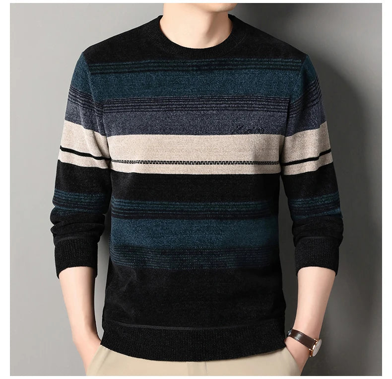 Mens Thickened Sweater Stripe Velvet Pullover Men's Winter Clothes Elegant Luxury Brand Fashion Knitted Sweaters