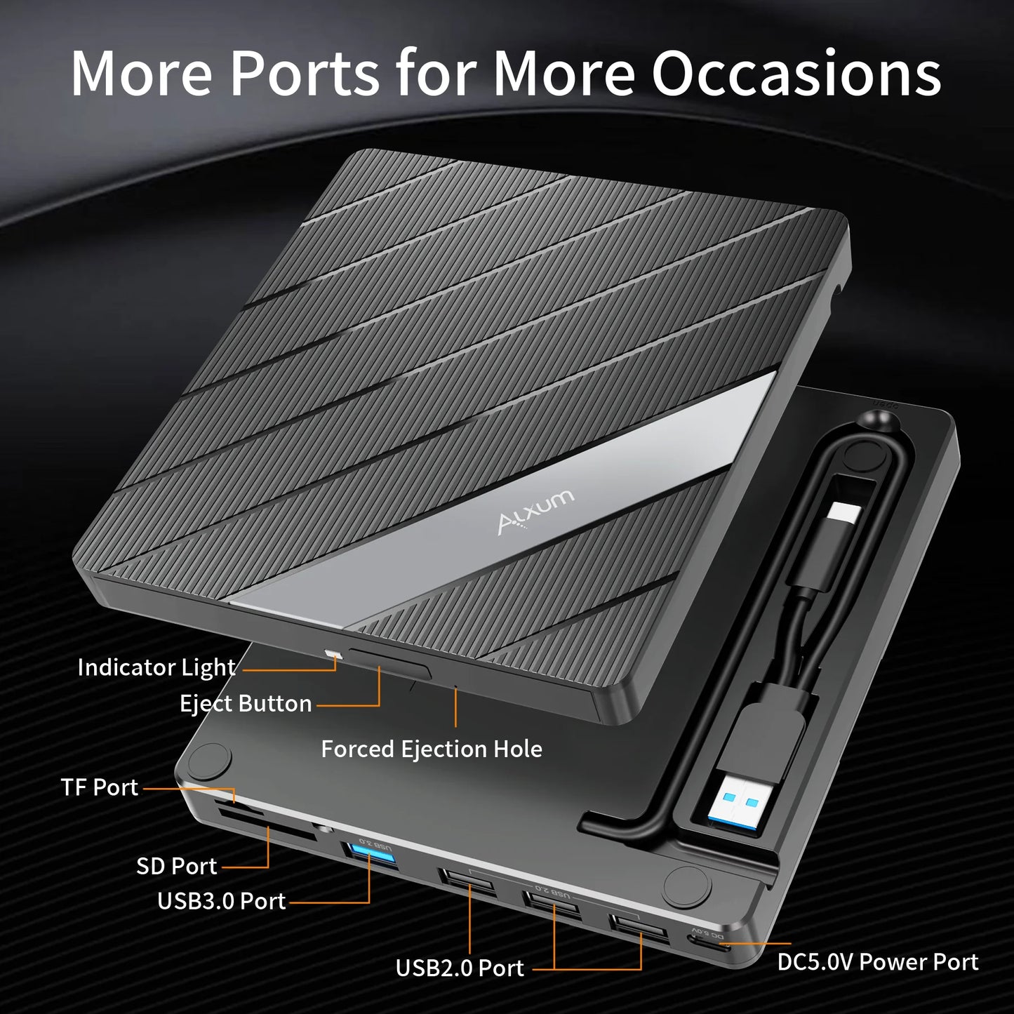 T040A USB 3.0 External Mobile Drive DVD CD Burner with Hub 24X CD & 8X DVD Writer SD microSD Card Reader for Windows Mac Linux