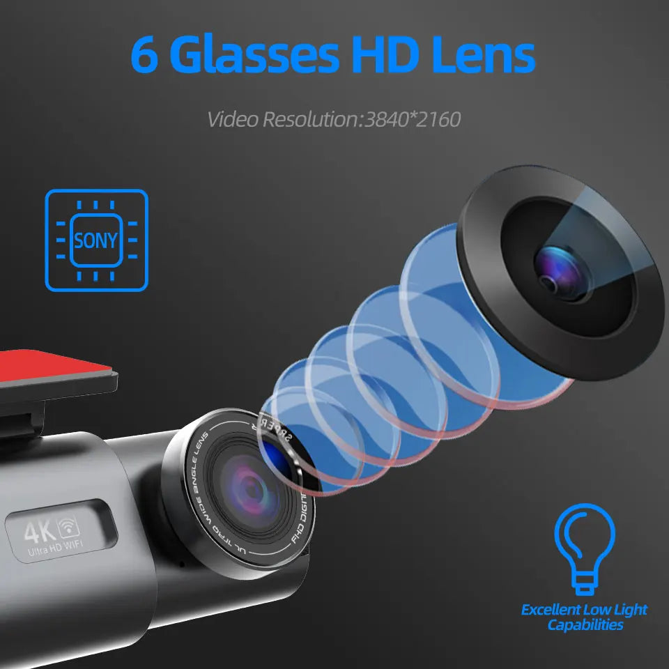 Dash Cam Dual Lens 4K UHD Recording Car Camera DVR Night Vision Video Recorder With GPS Wi-Fi Room Black Box Rear View Camera