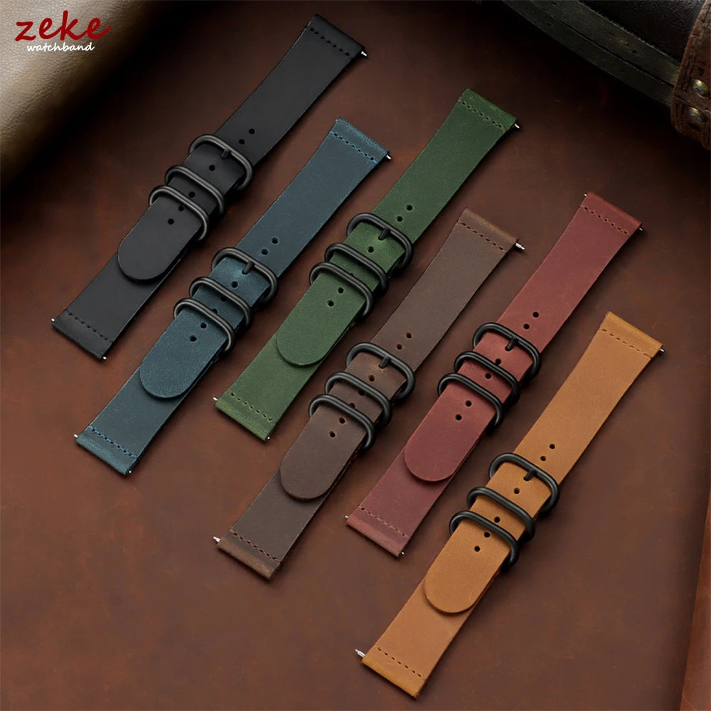 20mm 22mm Crazy Horse Leather Watch Band Black Ring Buckle Strap for Samsung Galaxy Watch 7/6/5/4 for Huawei Watch GT 5-4-3-pro