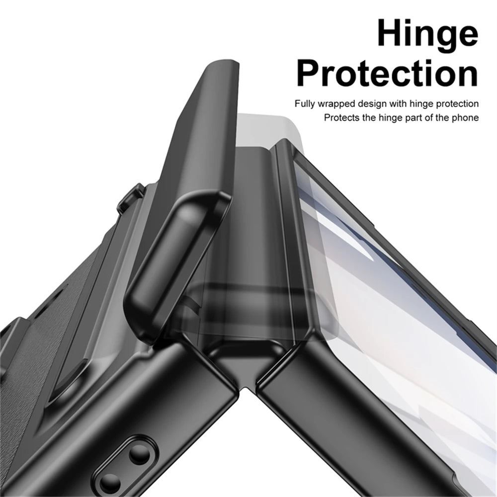 For Samsung Galaxy Z Fold 7 6 5 4 3 Leather Hinge Phone Case Outer Screen Glass S Pen Slot Protective Cover for Galaxy Z Fold 7