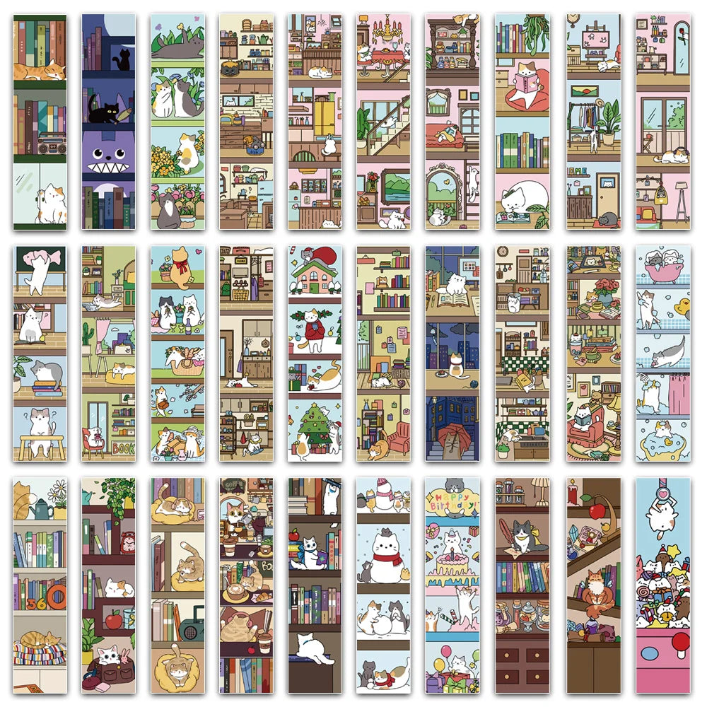 30PCS Cartoon Fun Cat and Bookshelf Retro Bookmarks Easy Handheld Art Creative Materials Reading Paper Bookmarks DIY Bookmarks