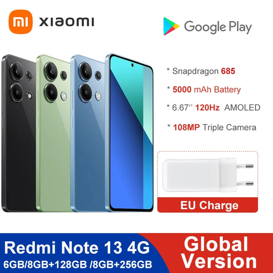 Global Version Xiaomi Redmi Note 13 4G Mobile Phone 6.67" AMOLED Screen 120Hz Snapdragon 685 Octa Core CPU 108MP Triple Camera