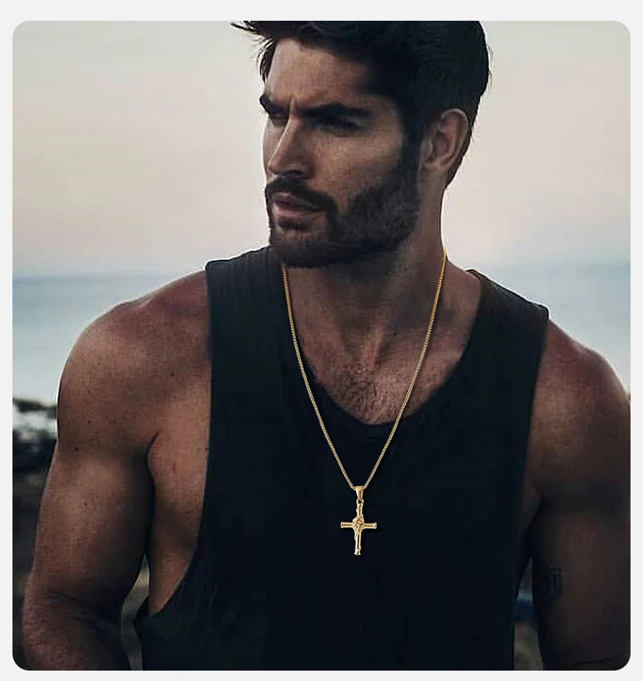 Vnox Men Cross Necklace, Stainless Steel Rose Cross Pendant with Box Chain, Unisex Cool Crucifix Jesus Faith Aesthetic Collar