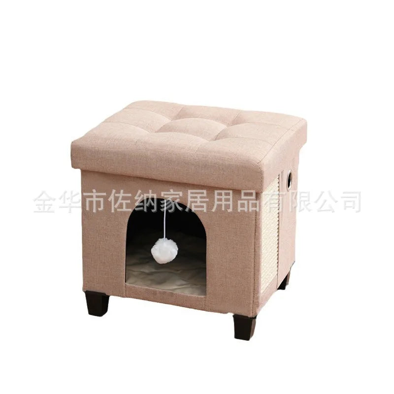 Multi Functional Cat Bed with Wooden Legs Foldable Pet Stool for Sitting