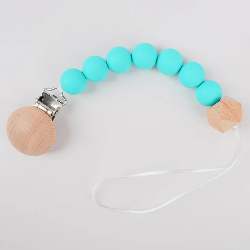 Baby Pacifier Clip Wood Color Silicone Bead Infant Teether Soother Anti-drop Chain Newborn Safe Teething Toy Dummy Nipple Holder