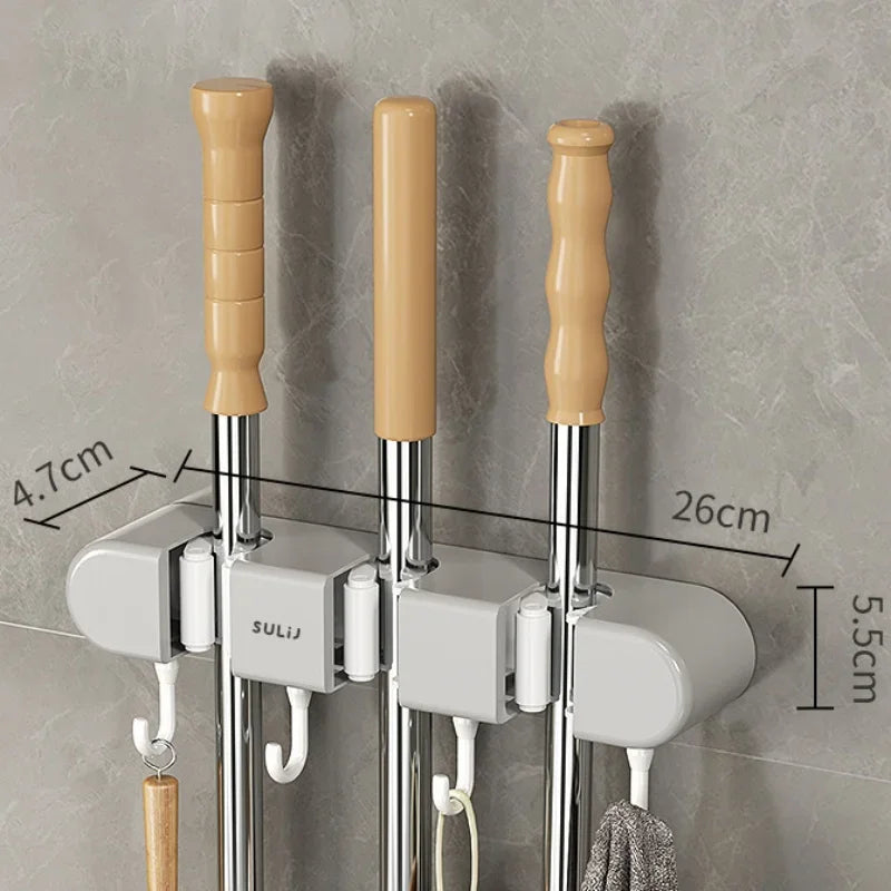 Broom Mop Holder with Hooks Wall Mounted Broom Storage Rack No Drilling Self-Adhesive Kitchens Organizer Multifunction Holder
