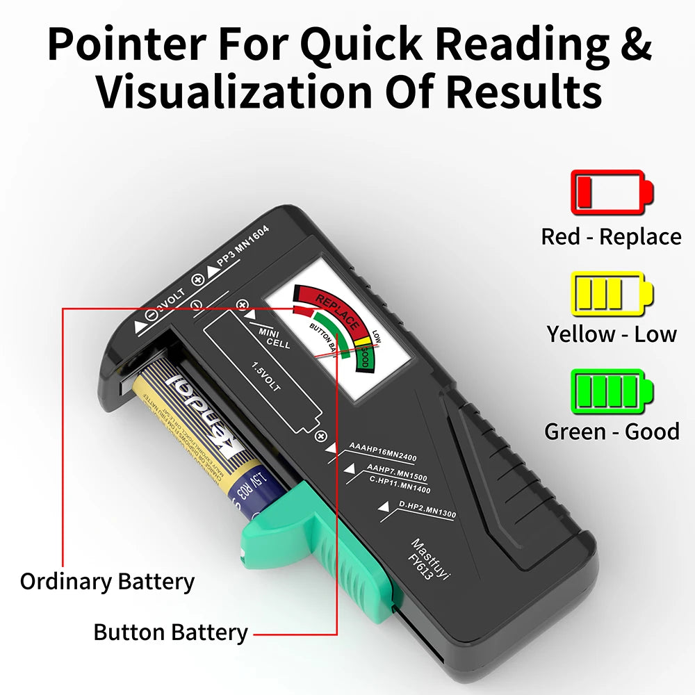 MASTFUYI Universal Battery Tester, AA/AAA//C/D/9V/1.5V Button Cell Battery Capacity Check Tool, Battery Analyzers Detector