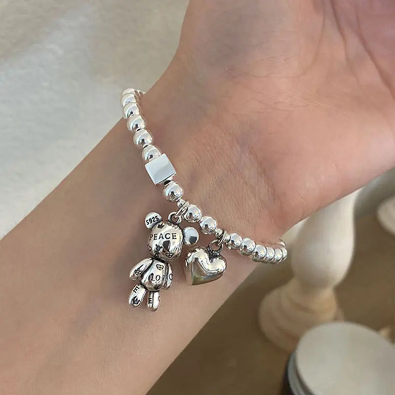 Trendy Love Heart Bear Bracelet for Women Beads Chain Stainless Steel Bracelets Vintage Design Jewelry Party Birthday Gift