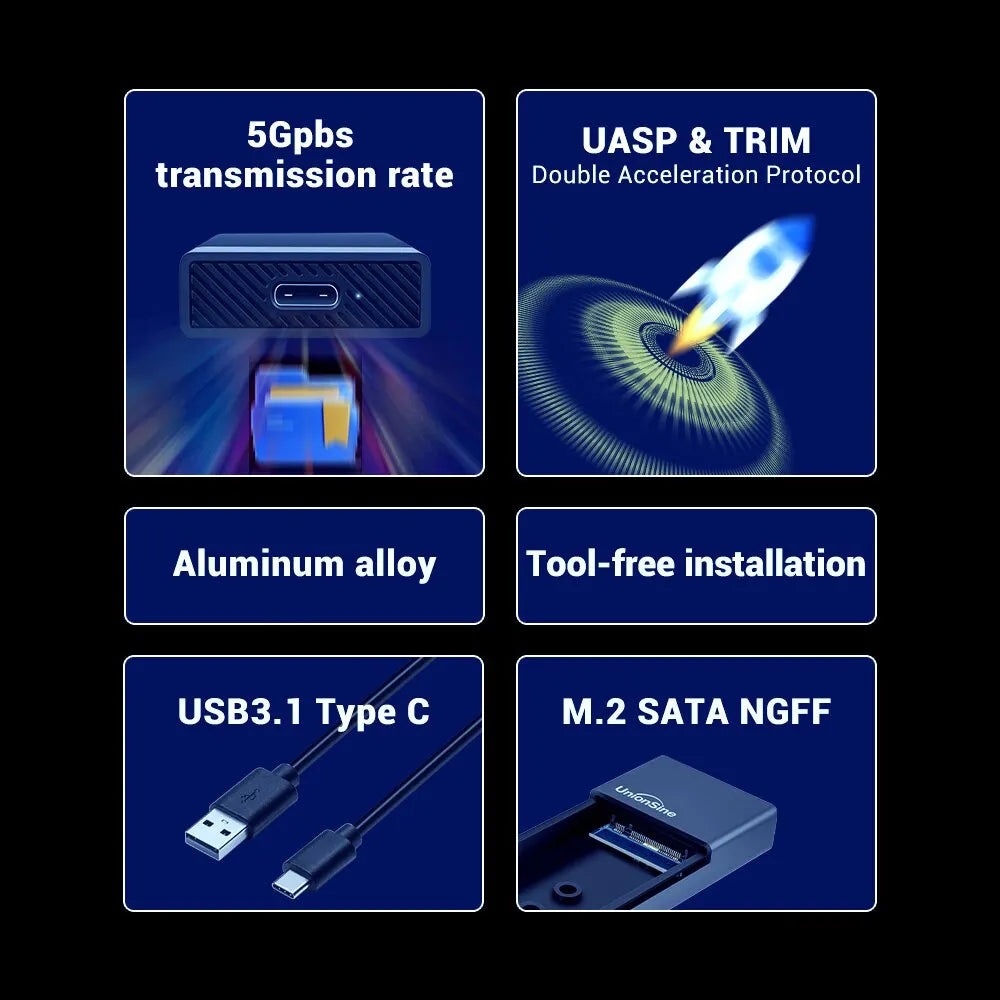 UnionSine M2 SSD Case NGFF SATA Protocol M.2 to USB Type C 3.1 SSD Adapter for SATA NGFF PCIe SSD DISK Box M.2 SSD Enclosure
