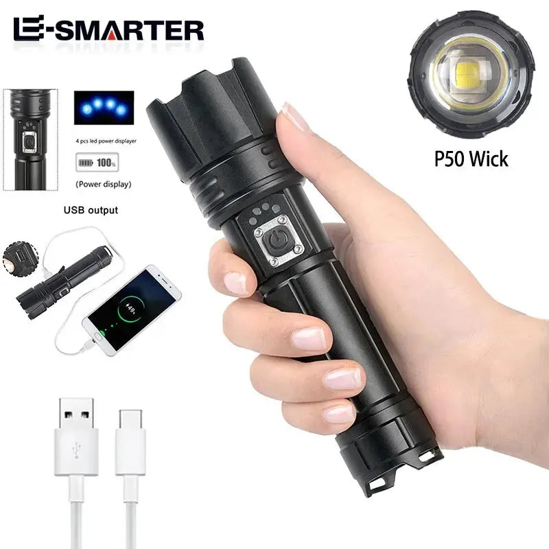 Powerful Super Bright LED Flashlight P50 Or Laser Wick Rechargeable Torch Camping Adventure Tactical Lantern Long Shot Hand Lamp