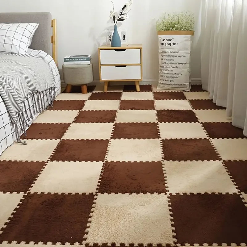 12Pcs Interlocking Carpet Tiles 11.8"x11.8", Washable Non-Slip EVA Polyester Floor Mat, Cuttable DIY Bedside Rug