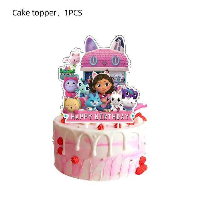 Disney Gabby Doll House Theme Birthday Party Flag Pulling Balloon Decoration Disposable Tableware Supplies