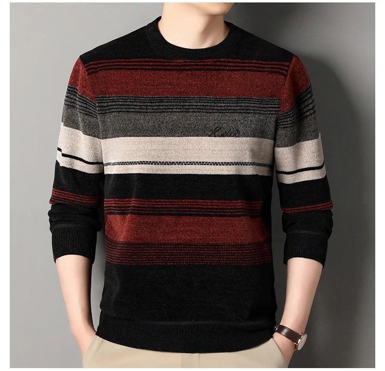 Mens Thickened Sweater Stripe Velvet Pullover Men's Winter Clothes Elegant Luxury Brand Fashion Knitted Sweaters