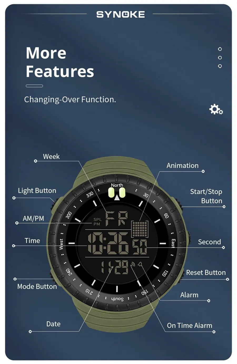 SYNOKE Watch Outdoor Sports Multifunctional Waterproof Shock Resistant Large Screen Display Luminous LED Digital Watch For Men