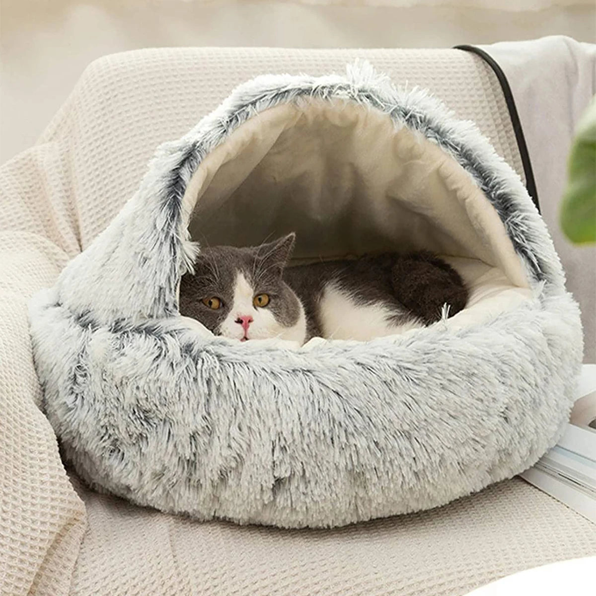 Cat Bed Round Plush Fluffy Hooded Cat Bed Cave,  S/M/L Cozy for Indoor Cats or Small Dog beds, Doughnut Calm Anti-nxiety Dog Bed