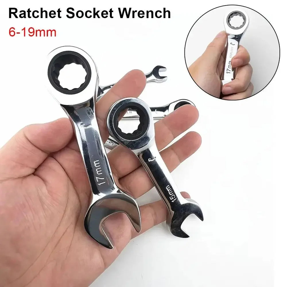 Short Handle Ratchet Spanner 6/7/8/9/10/11/12/13/14/15/16/17/18/19mm Fix Head Ratcheting Wrench Professional Spanner Hand Tools