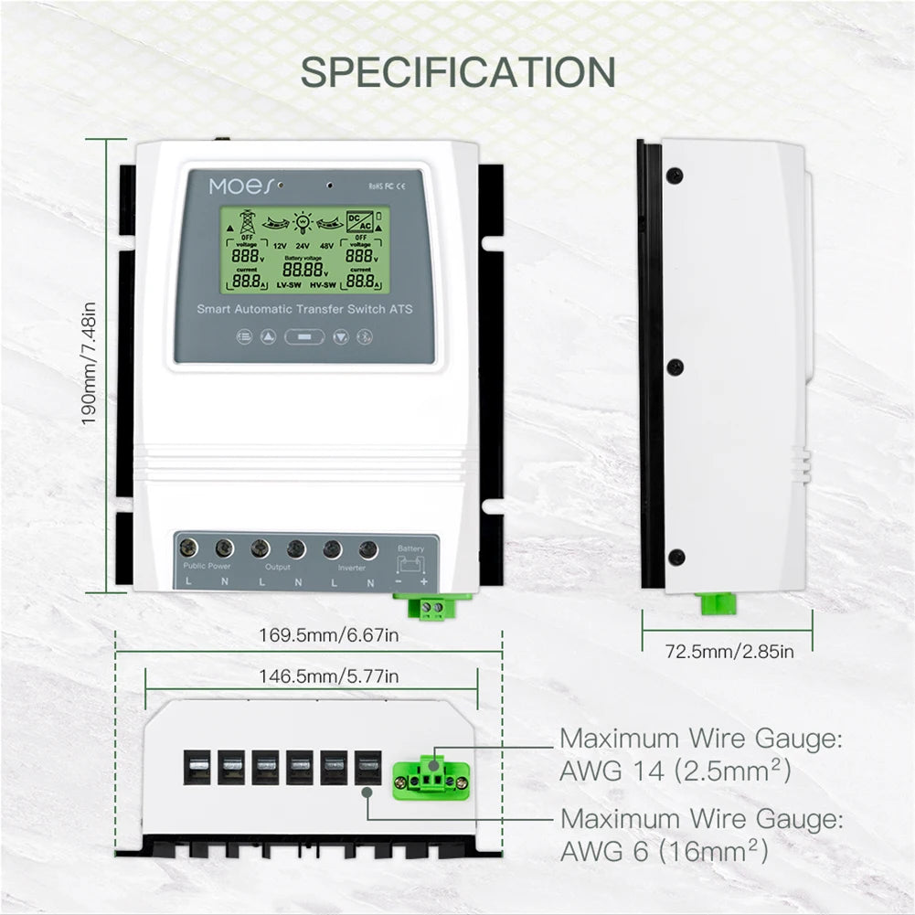 MOES Tuya Smart Dual Power Controller Automatic ATS Transfer Switch for Off Grid Solar Wind System ATS DC 12/24/48V AC 110/220V