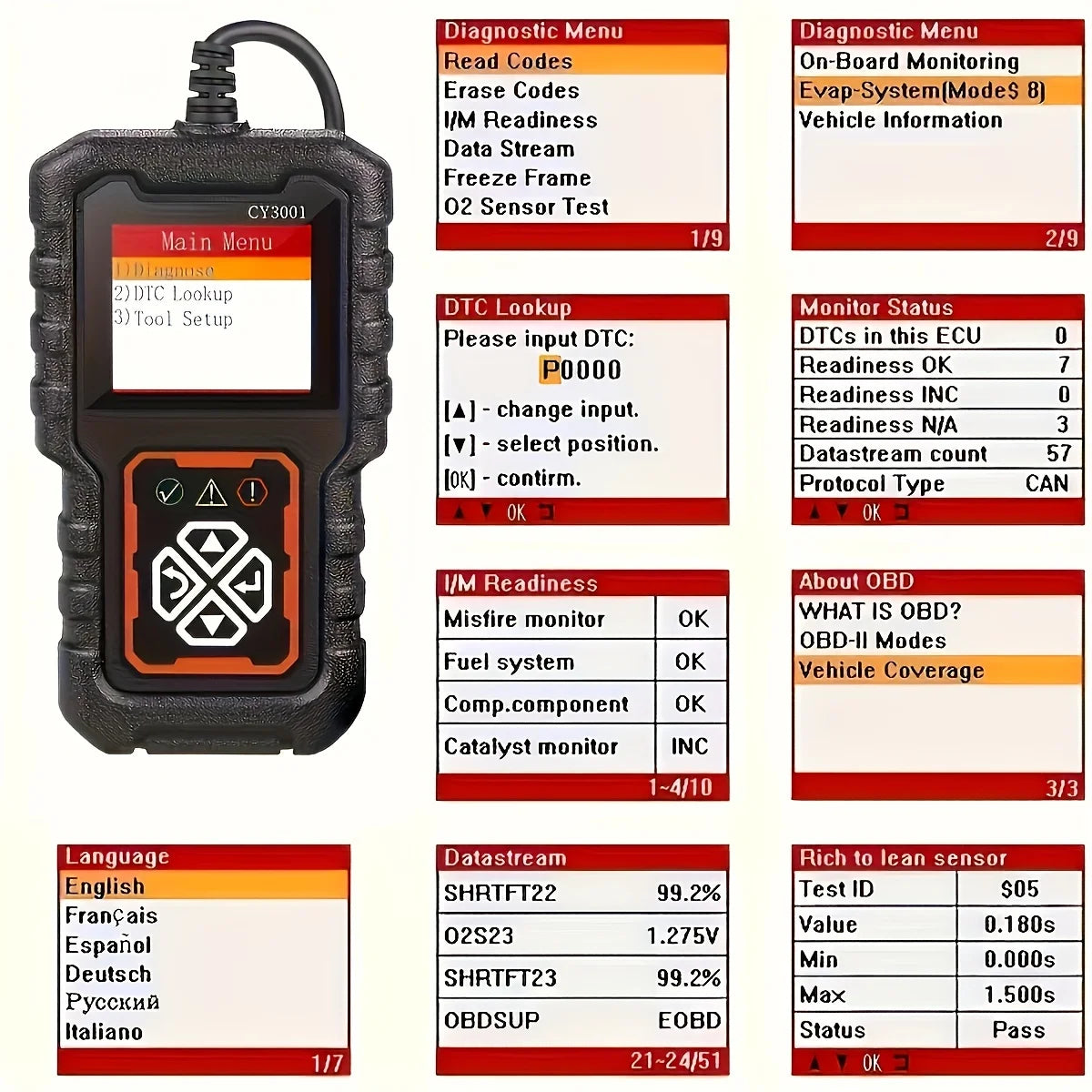 2024 Obdii Automotive Diagnostic Tools - Engine Fault Code Reader, Modeable, 6 Languages, Data Flow, Dtc Search and I/M Preparation Status