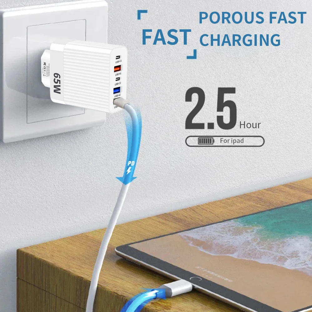 USB C Charger 5 Ports 65W Fast Charging Phone Charge Adapter For iPhone 15 14 13 12 Samsung Xiaomi EU/US Plug Quick Wall Charger