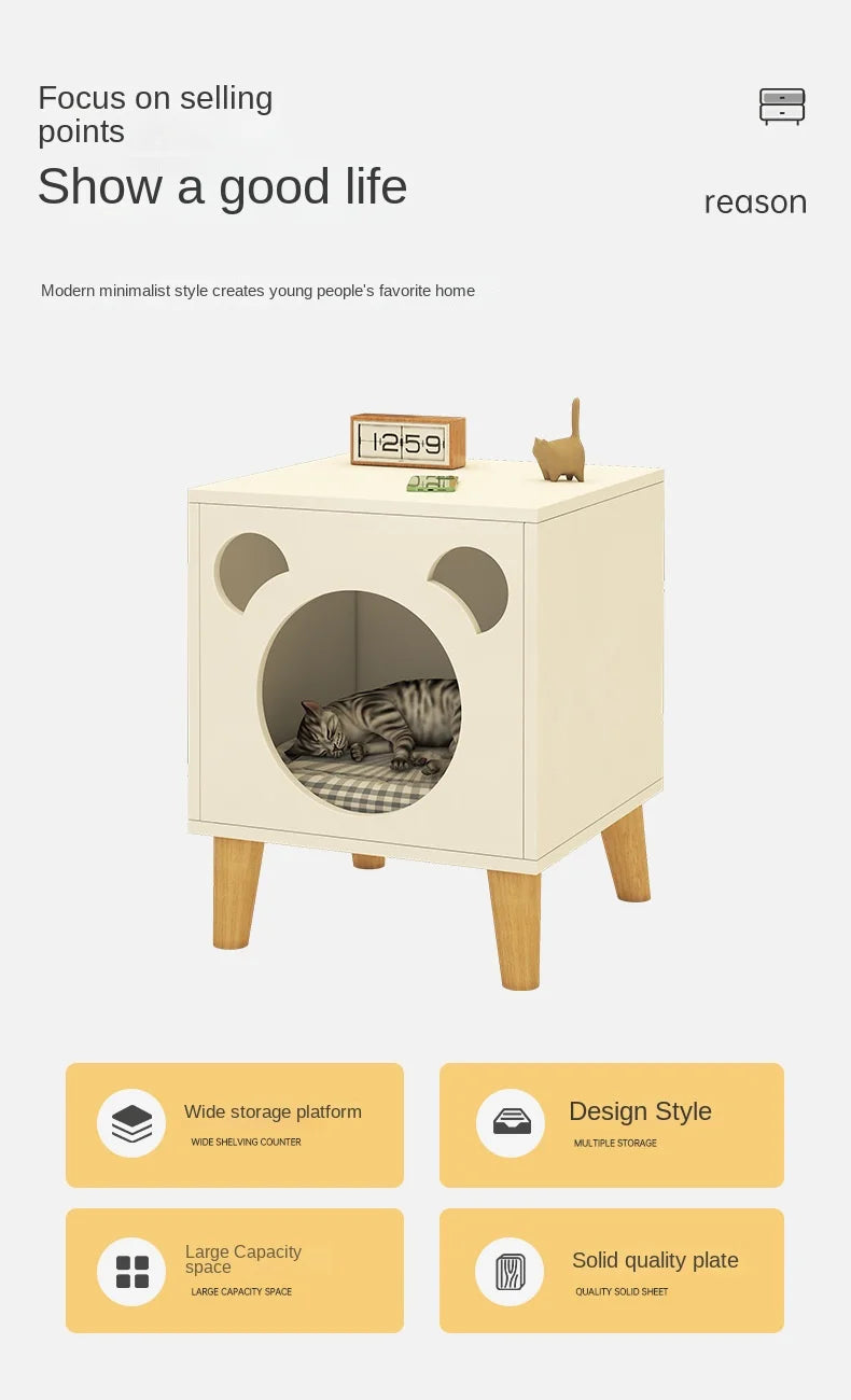 Multifunctional Storage Cabinet for Cats Beds Solid Wood Cat Litter Bedside Table Simple Small Bedside Table Bed Accessories