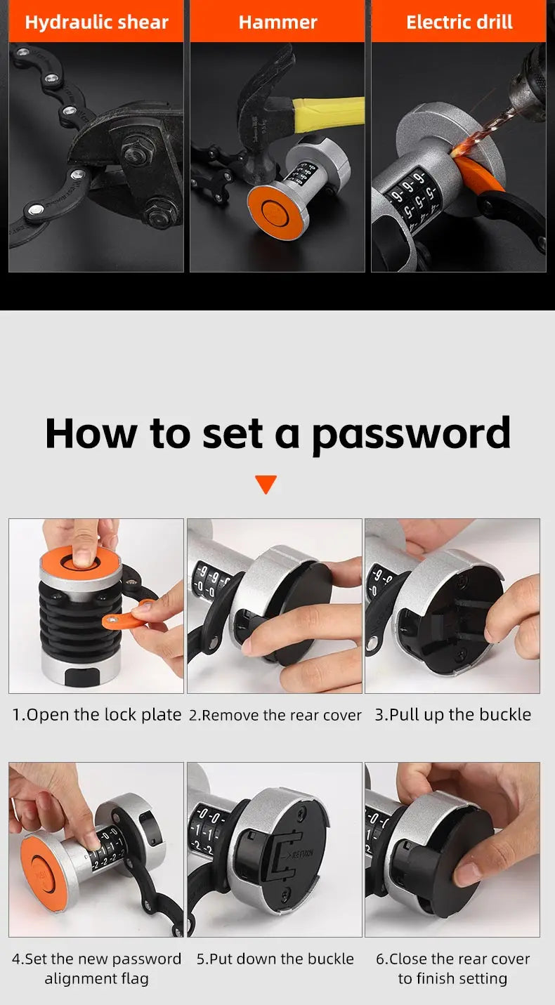 WEST BIKING Folding Bike Lock Combination Anti-theft Lock Portable E-Bike Heavy Duty Chain Lock Bicycle Cycling Accessories