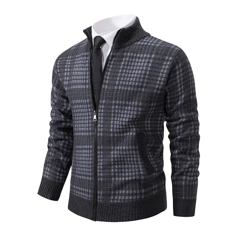 Mens Sweaters Jacket Full Zip Fleeced Sweater Cardigan Plaid Stand Collar Sweaters Coat Autumn Winter Homme Clothes