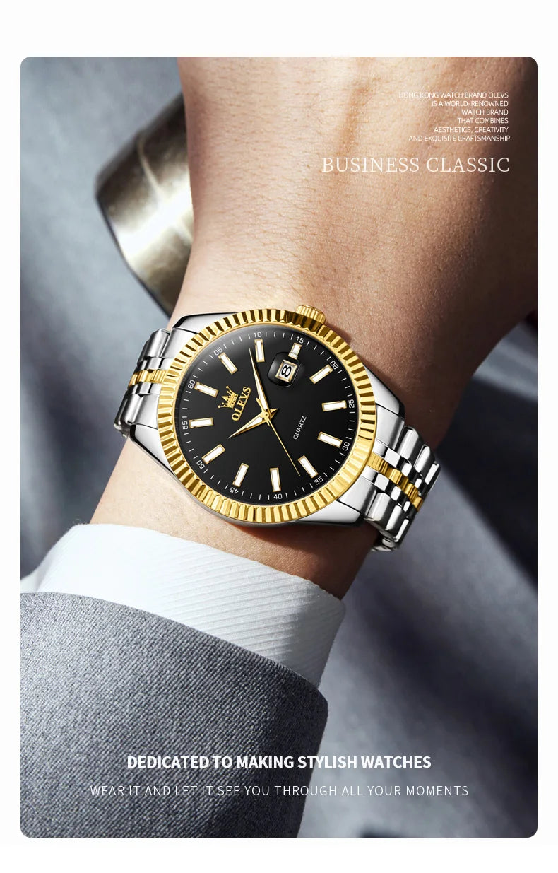 OLEVS 5593 Couple Watch Fashion Business Waterproof Stainless Steel Watch Luxury Brand Classic Date Week Clock Men Women Watch