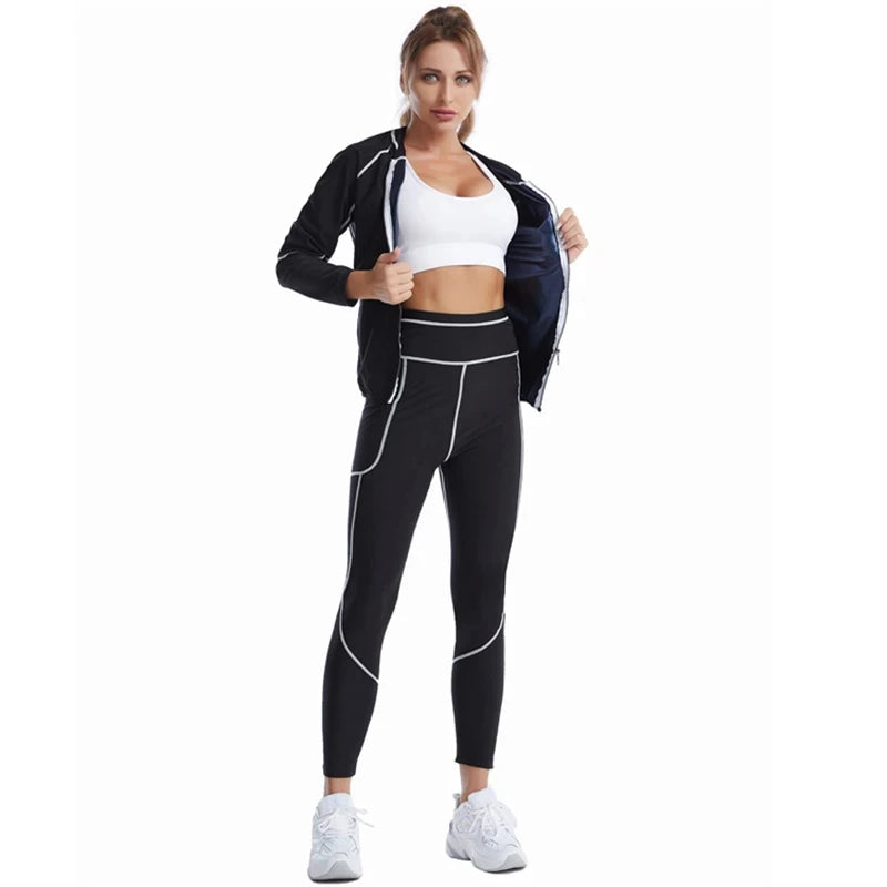 Women Sauna Sweat Suits Weight Loss Jacket Sweat Top Pants Body Shapers Fitness Shirts Leggings Thermo Long Sleeves Trousers Gym