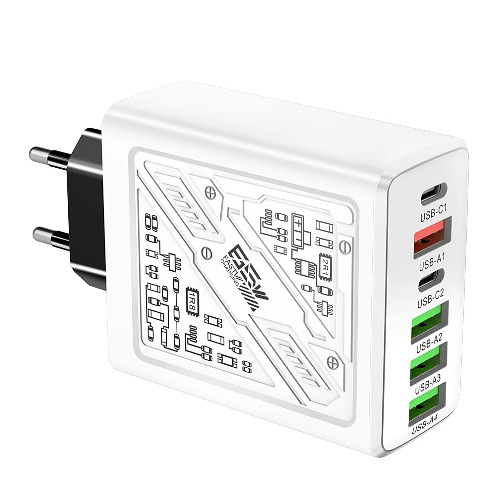 Multi Ports USB Charger 65W 6 in 1 Fast Charging Type C Phone Adapter For iPhone Samsung Xiaomi Huawei EU/US Plug Wall Charger