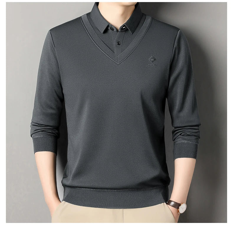 Men's Winter Sweater Velvet Pullover Solid Color Slim Fit Elegant Luxury Brand Knitwear Fake Two Pieces Knitted Sweaters