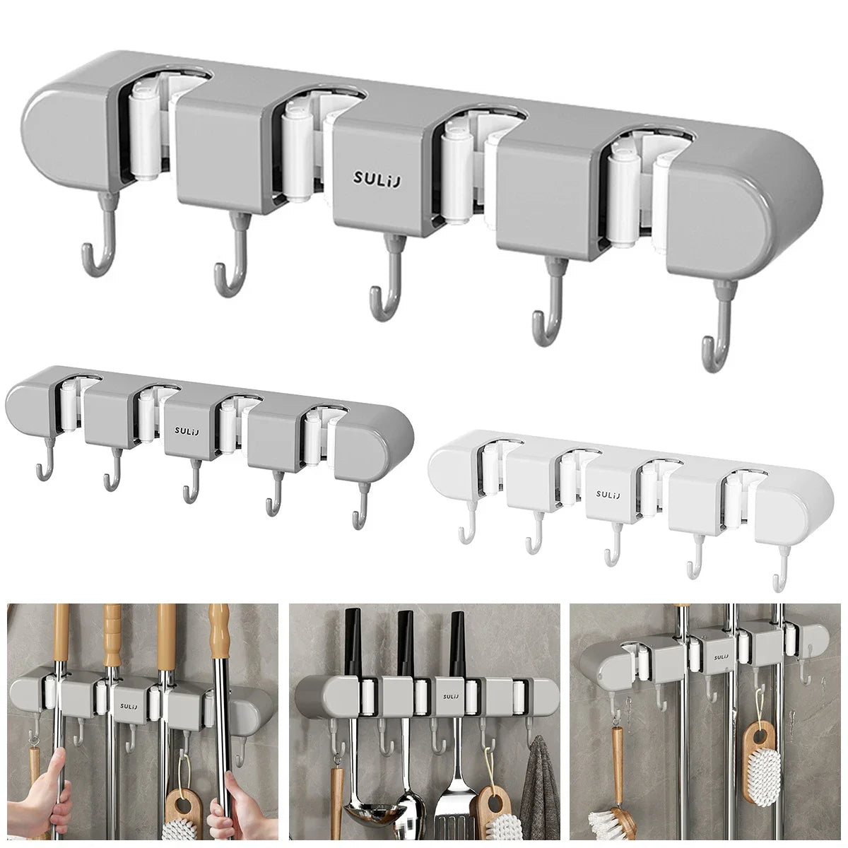 Broom Mop Holder with Hooks Wall Mounted Broom Storage Rack No Drilling Self-Adhesive Kitchens Organizer Multifunction Holder