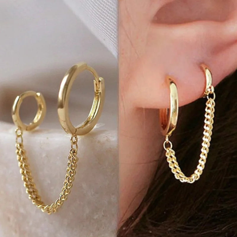 1PCS Punk Cool Two Hole Piercing Earrings Gold Silver Color Long Tassel Chain Drop Earrings for Women Fashion Jewelry Gifts