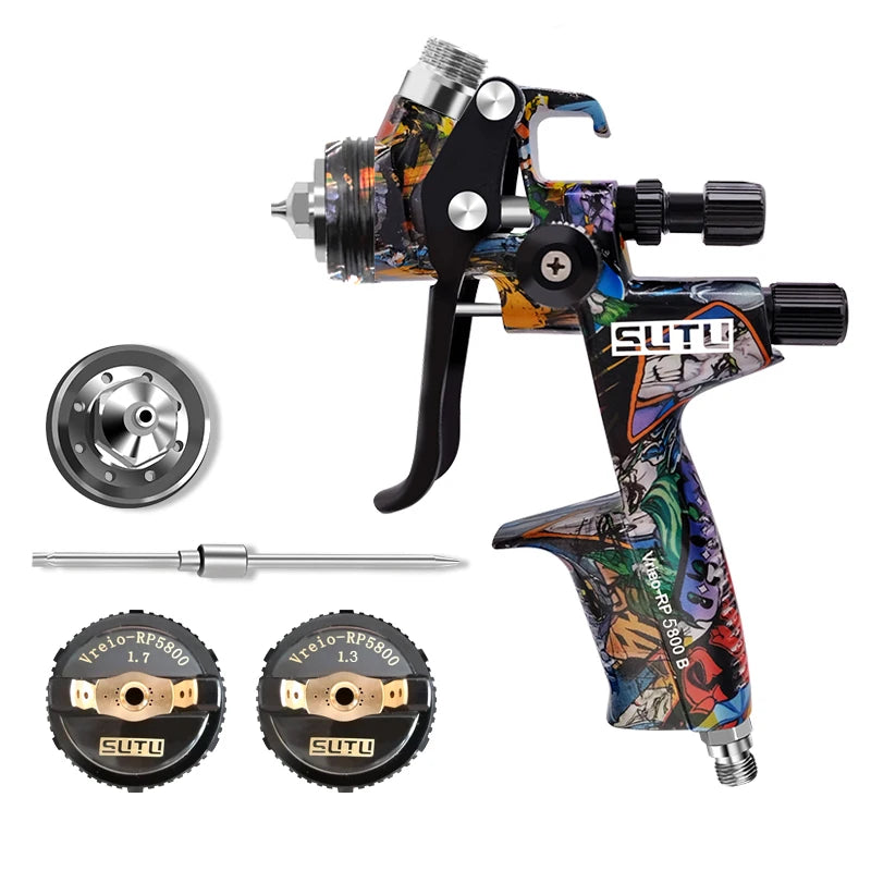 SUTU 5800 Pneumatic Spray Gun, 1.3/1.7mm Set, 600ml Pot, for Car & Furniture Painting, Uniform Atomization