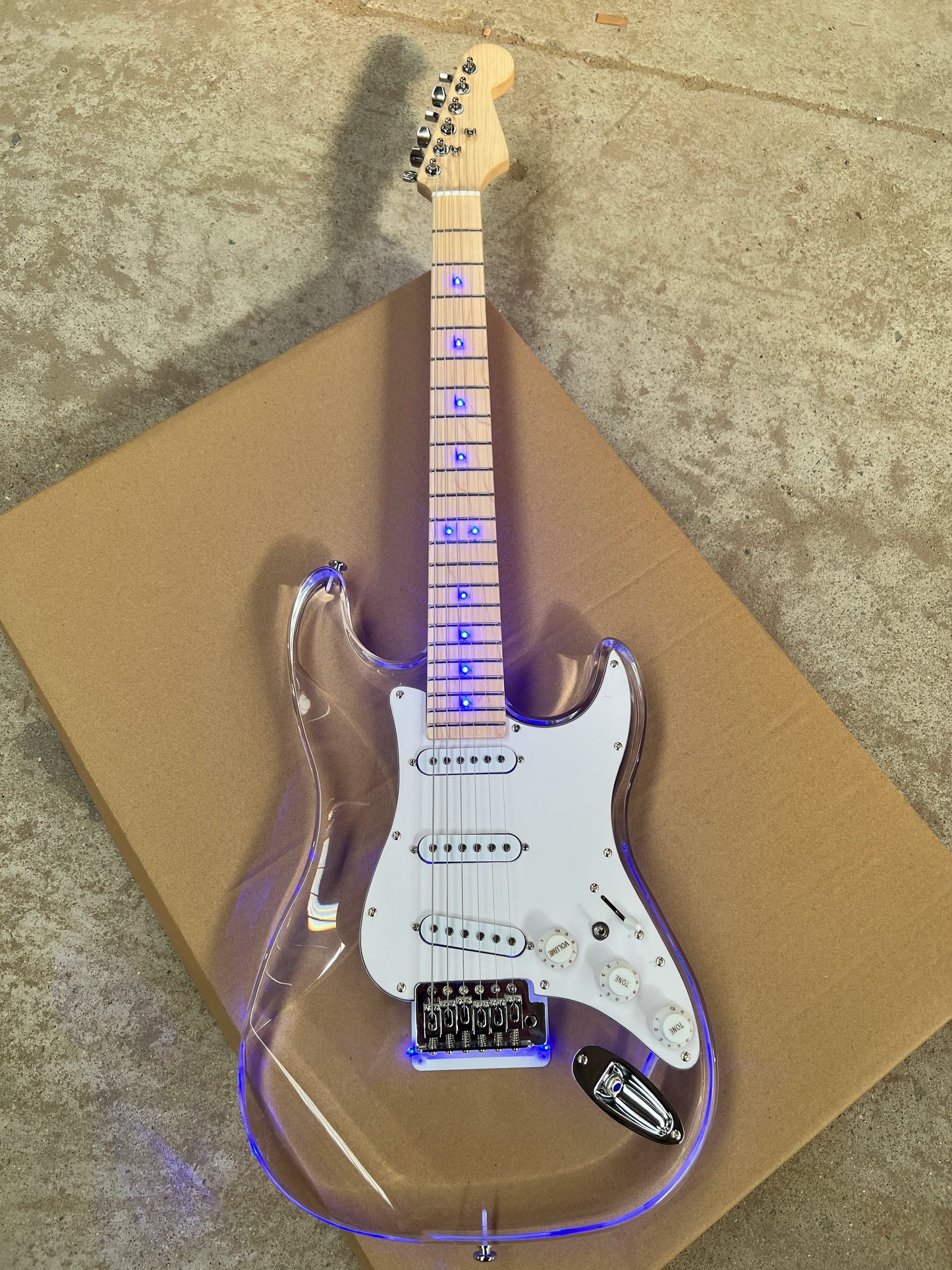 Acrylic clear crystal Plexiglas 6-string electric guitar Blue LED lights Maple guitar neck Free shipping