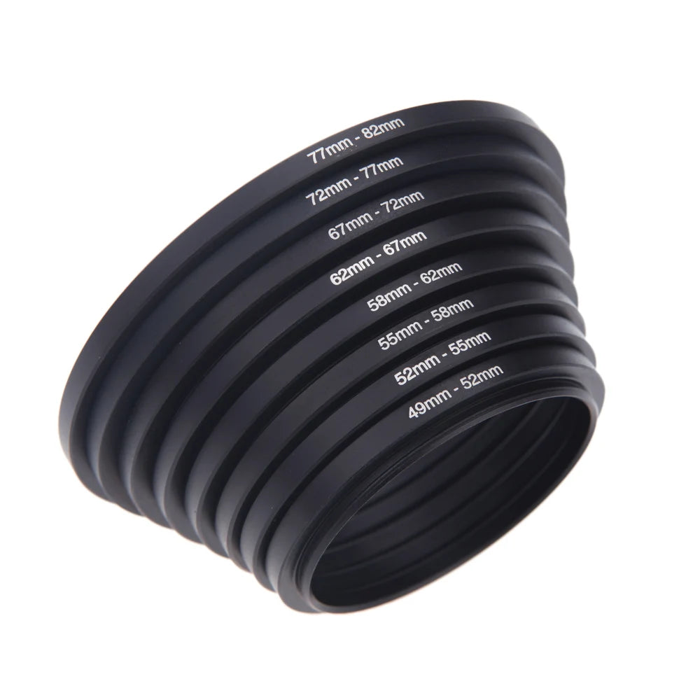 8pcs Filter Step Up Rings Adapter 49-52-55-58-62-67-72-77-82mm 49mm-82mm Step-up Ring Anodized Aluminum Material as Lens Hood