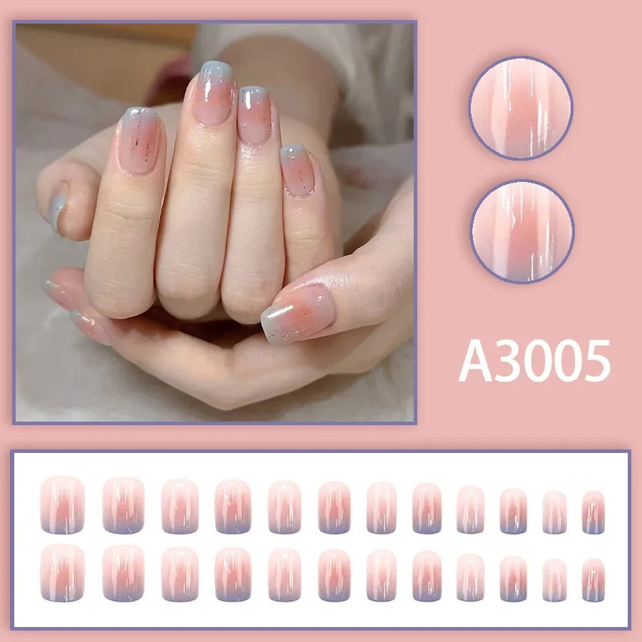 Watercolor Rose Fake Nail with Jelly sticker Press on False Nails Wearable Round Head Oval Full Cover Nail Tips