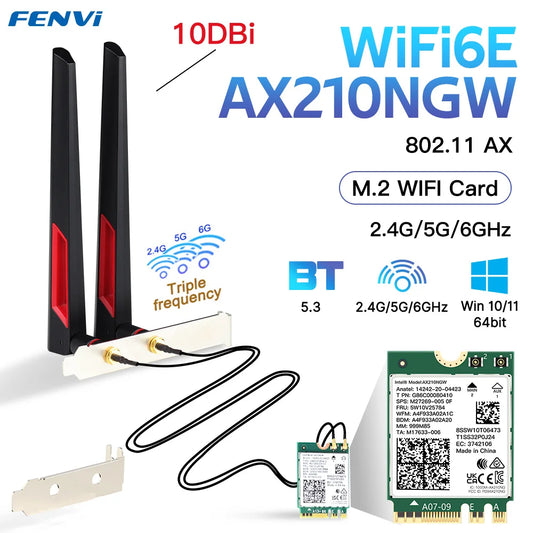 3000Mbps Wi-Fi 6E AX210 Desktop Wireless Card Bluetooth 5.3 802.11ac/ax Tri Band M.2 WiFi Adapter With 10dbi Antennas For Win 10