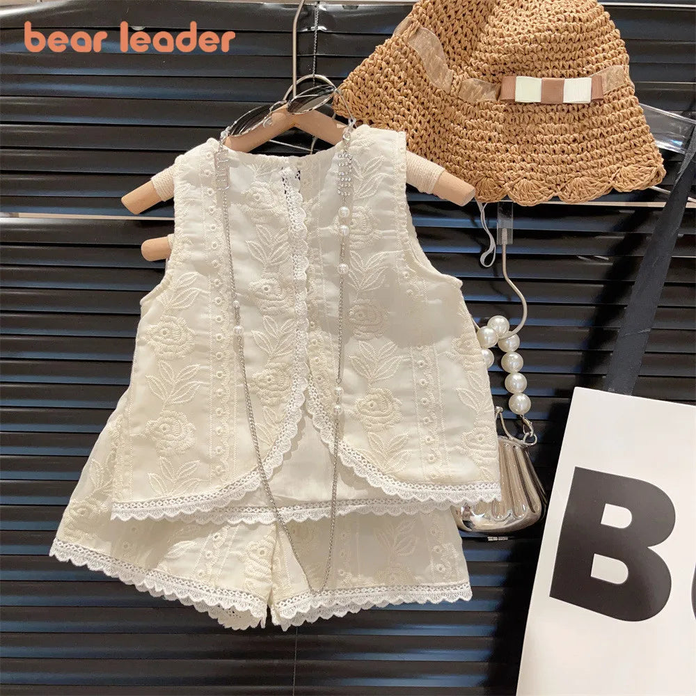 Bear Leader Flower Embroidery Summer Girls Sets Sleeveless Lace Vest + Shorts Outfits 3-7 Years Round Neck Kids Clothes