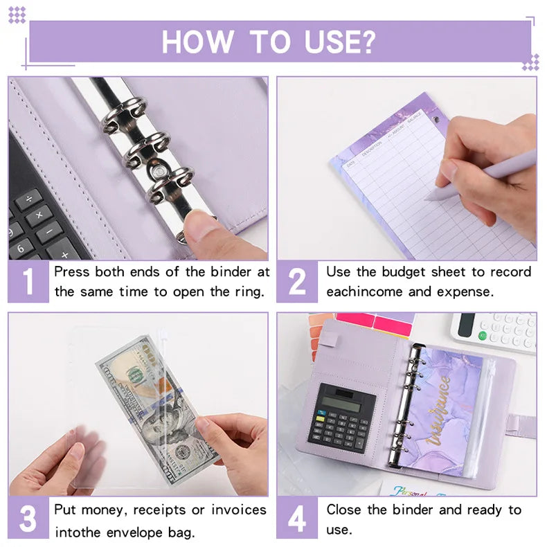 A6 Marble with Calculator Money Budget Planner Binder Zipper EnvelopesCash Envelopes For Budgeting Money Organizer Binde