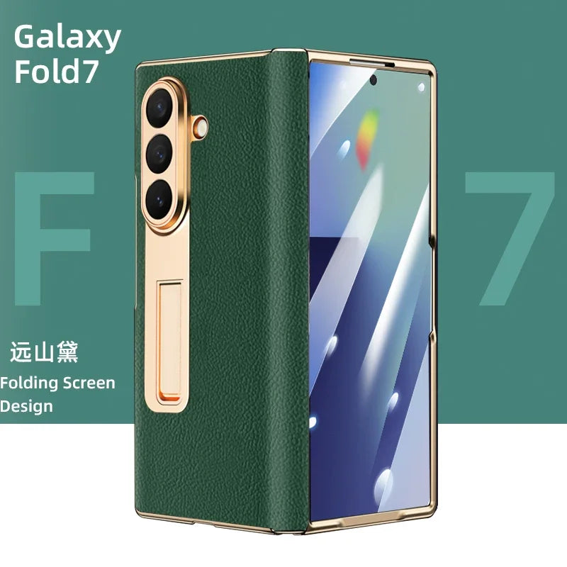 Luxury Leather Cover For Samsung Z Fold 7 6 5 Case Plating Stand Hinge Front Glass Screen