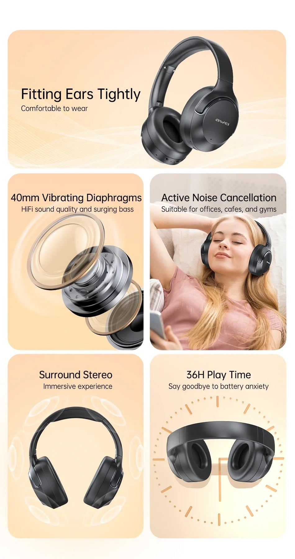 Awei AT2 ANC Wireless Headphones Over-Ear 30dB ANC Headphone Bluetooth 5.3 40mm Dynamic Driver Long Battery Life Earphones