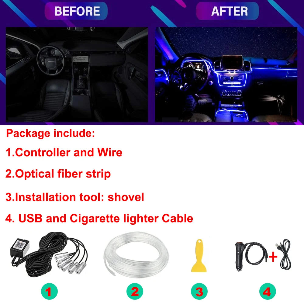 Neon LED Car Interior Ambient Light 4/5/6 IN 1 Fiber Optic EL Wire App USB RGB Auto Accessories LED Decorative Lamp