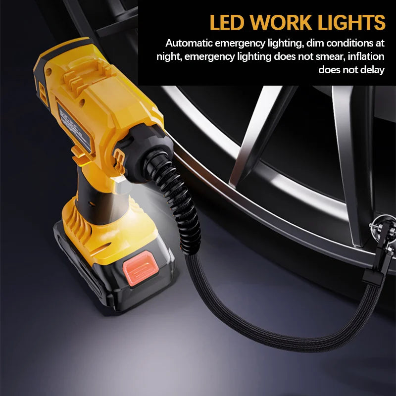 830kpa Cordless Yellow Air Pump Car Tire Air Pump Digital Display Equipped With Led Light For Dewalt 20v Battery
