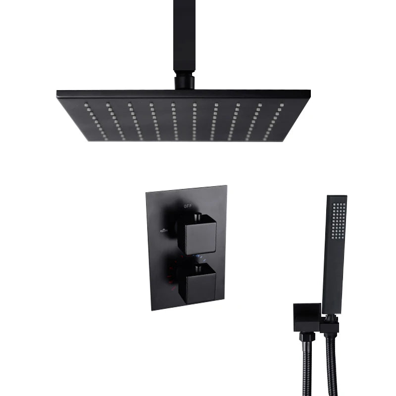 Matte Black Thermostatic Shower Faucet with Rainfall Head And Bathtub Spout Wall-Mounted Concealed Brass Shower  for Bathroom